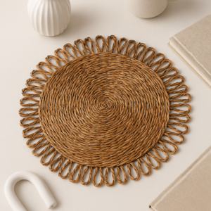 Round Seagrass Woven Placemat with Looped Edge Design
