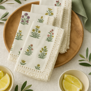 Set of Four Floral Cotton Linen Napkins with Fringe