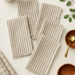 Set of Four Striped Cotton Napkins with Fringe Edge