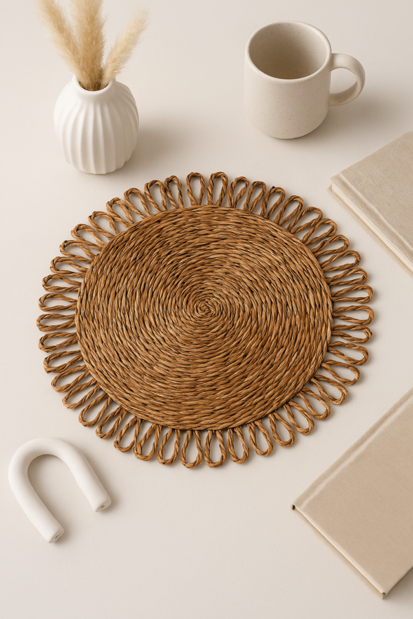 Round Seagrass Woven Placemat with Looped Edge Design