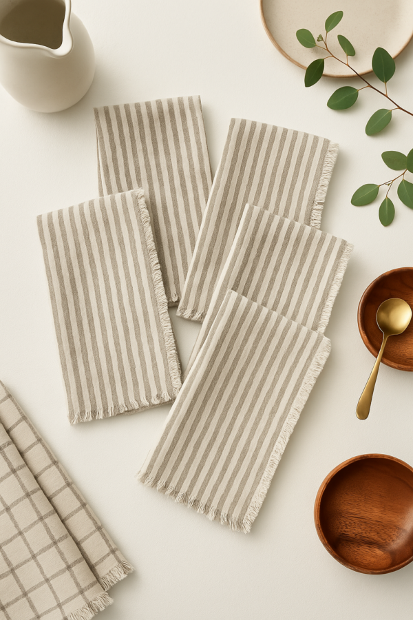 Set of Four Striped Cotton Napkins with Fringe Edge