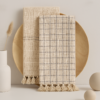 Set of Two Cotton Tea Towels with Blue Stripes and Fringe Trim
